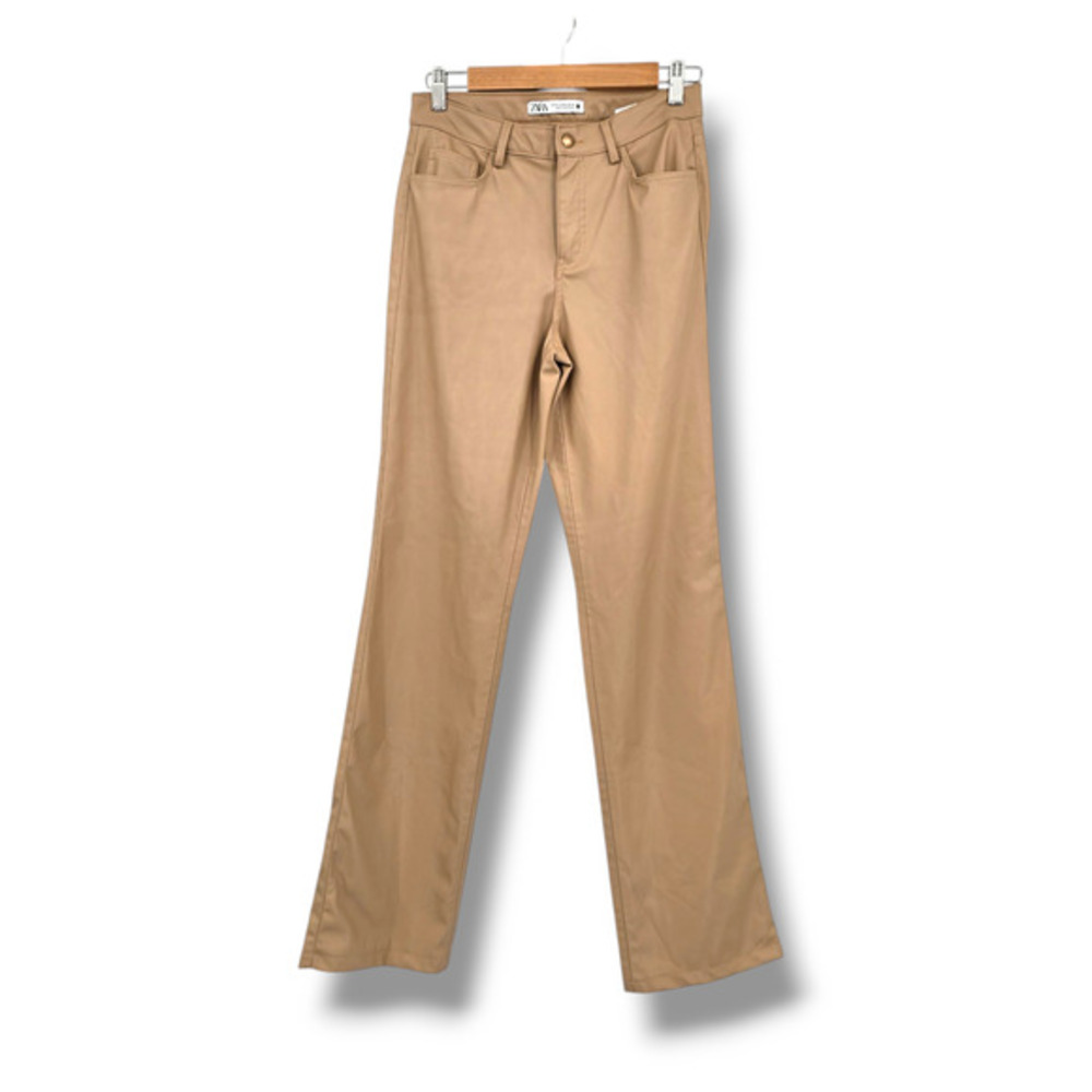 Zara Women's Faux Vegan Leather Fleece Lined Straight Leg Pants Tan Size 4